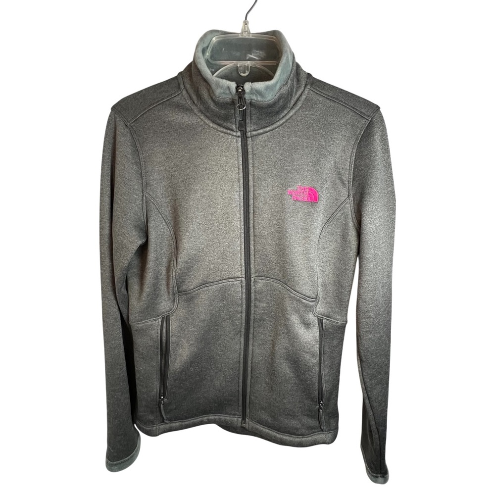 North Face Women’s Agave Full Zip Gray Jacket with Pink Logo-Size Medium